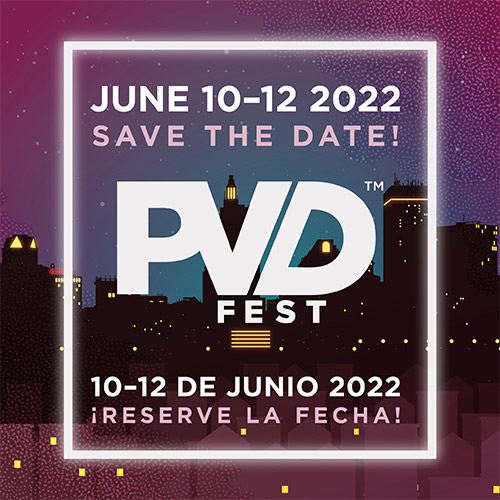 PVDFest logo overlaid on a city skyline at night. June 10-12 2022 Save the date! 10-12 de Junio 2022 Reserve la fecha
