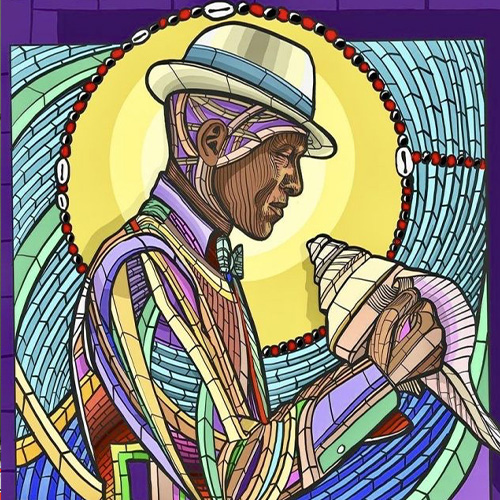 A stained glass window image of a man in a straw hat holding a conch shell