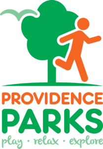 An orange stick figure running past a green tree and a green abstracted bird. Text reads: Providence Parks, Play, Relax, Explore