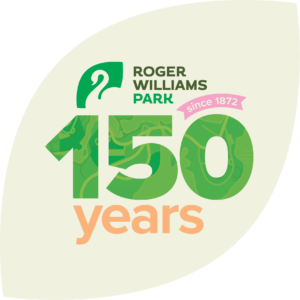 Inside of a light green leaf shape reads Roger Williams Park 150 years since 1872