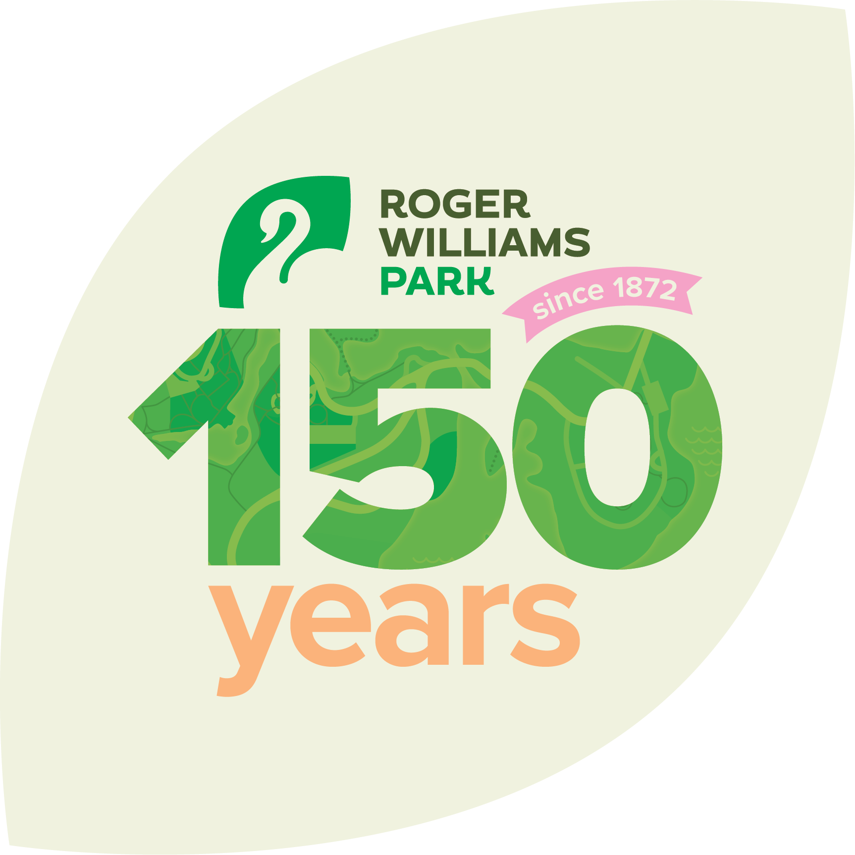 Inside of a light green leaf shape reads Roger Williams Park 150 years since 1872