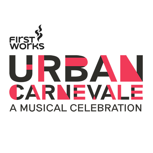 Styled text in black and red block letters: Urban Carnevale a musical celebration with the FirstWorks logo