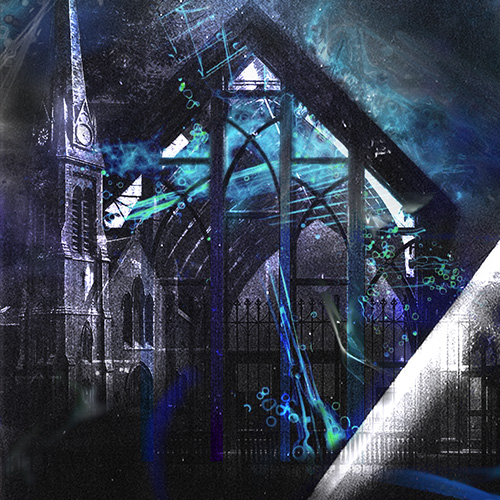A moody composite image of a church steeple and church window against a backdrop of turquoise, black, white and blue swirling colors
