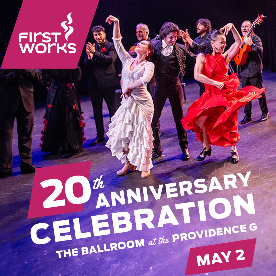 FirstWorks 20th Anniversary Celebration at The Ballroom at the Providence G May 2. A flamenco group with two female dancers backed by a group of standing musicians spins on a dance floor
