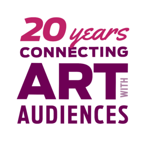 20 years connecting art with audiences square pink and purple logo