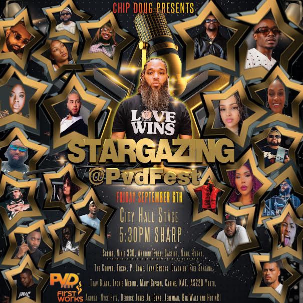 An event flyer with a bearded Chip Doug in the center wearing a black t-shirt that reads "Love Wins" and golden text reading STARGAZING @PVDFest. Around him is a kaleidoscopic array of the participating artists' headshots