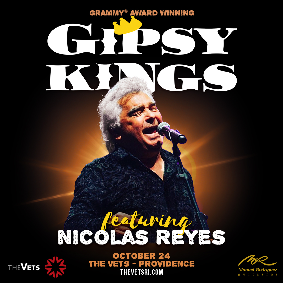 A man with grey hair singing into a microphone. Overlay text reads Gipsy Kings featuring Nicolas Reyes