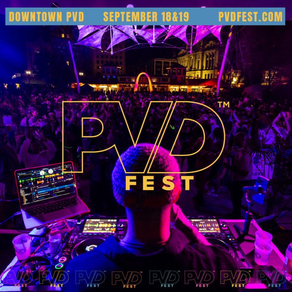 Nighttime outdoor dance party shown from behind a DJ working the turntables. PVDFest logo