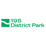 Green 195 District Park logo depicting a green square with a white wavy line running through it like a pathway