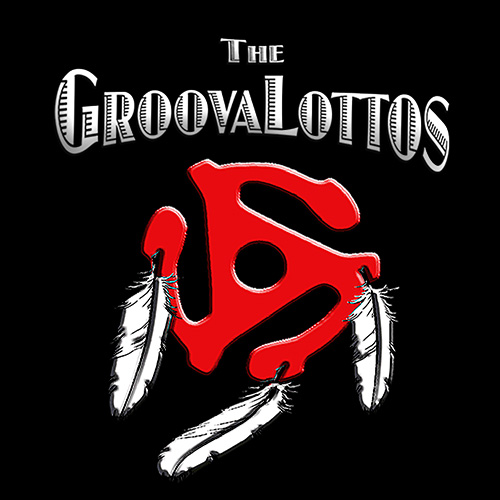 The Groovalottos logo, a red three armed round shape with three white feathers hanging off of it
